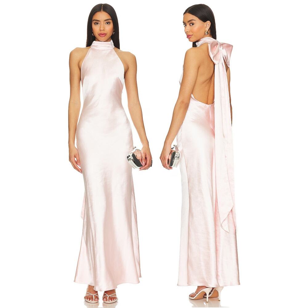 MISHA Evianna Satin Gown Halter Bow Detail Formal Party Bridal Whimsical Pink S